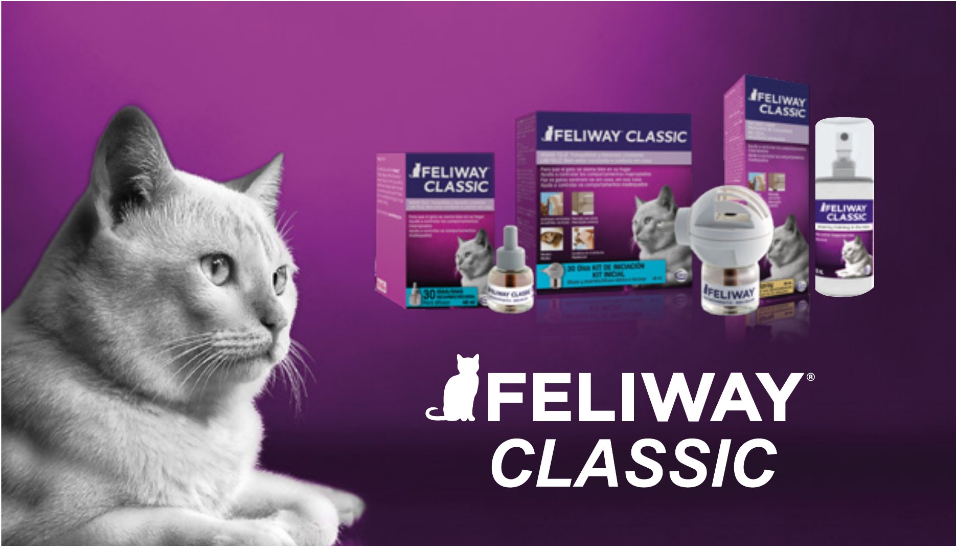 Pieza oficial FELIWAY® CLASSIC con gato en blanco y negro